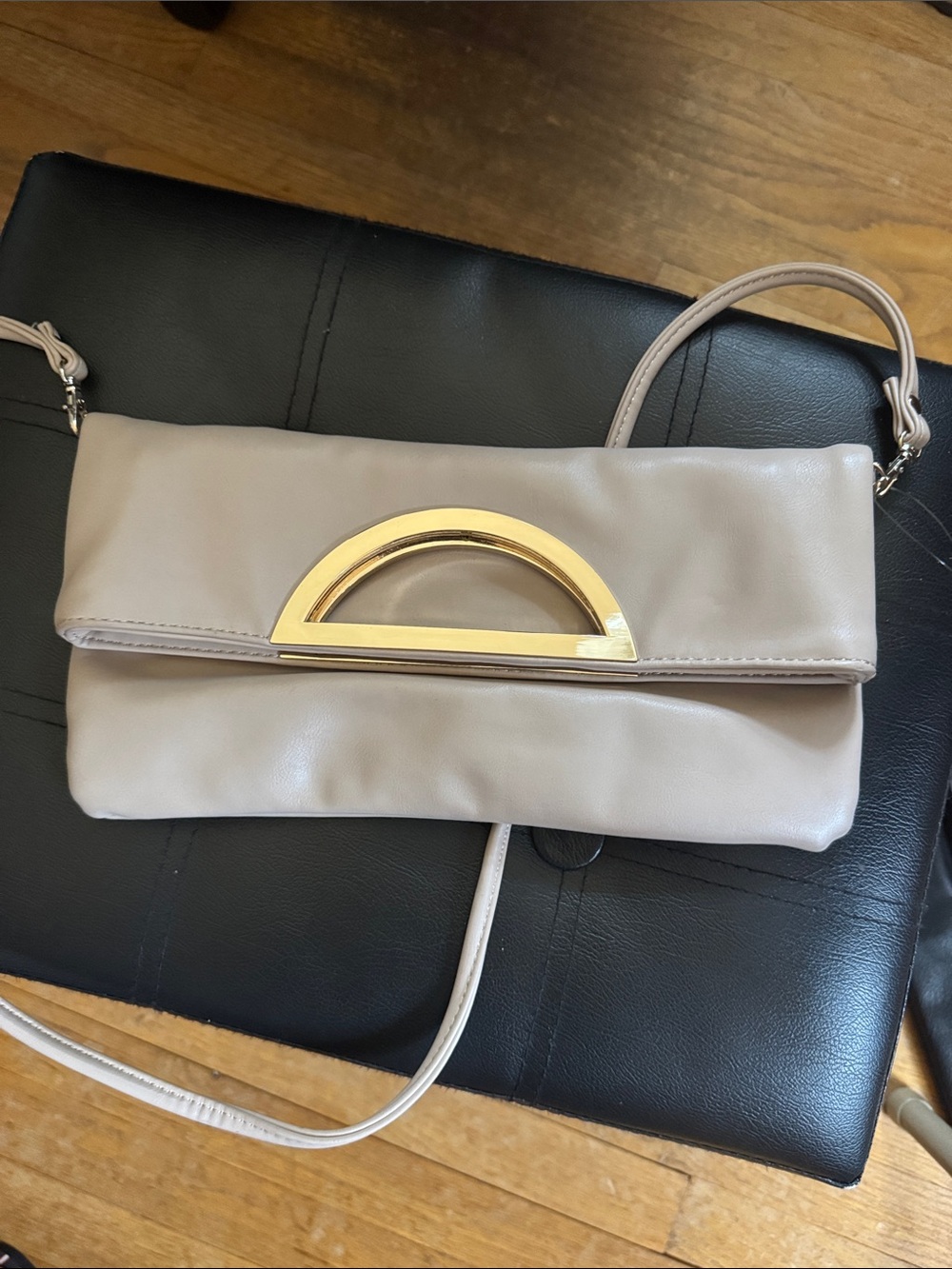 Express Beige Fold-Over Clutch with Gold Accent